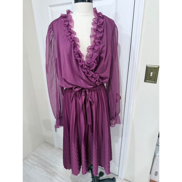 jcpenney Dresses & Skirts - 80s Pleated Midi Dress Ruffle Wrap Sheer Sleeve Plum Size 10